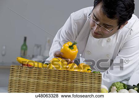 Chef inspecting yellow bell peppers View Large Photo Image Stock Photo - Chef inspecting yellow bell peppers . Fotosearch