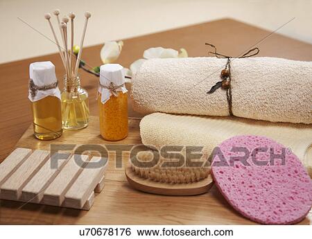 Stock Photograph - Close-up of spa products on a table . Fotosearch