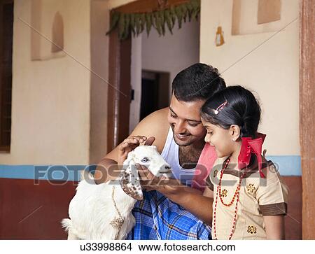 Father showing a goat to his daughter View Large Photo Image Picture - Father showing a goat to his daughter . Fotosearch