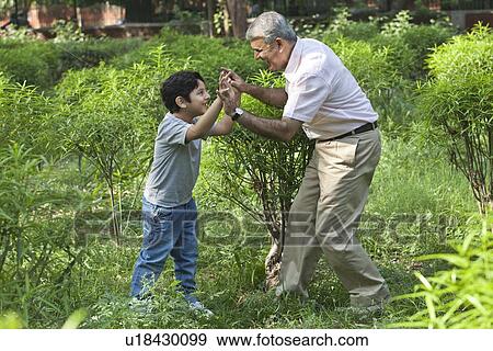 Grandfather and grandson playing in a park View Large Photo Image Stock Photo - Grandfather and grandson playing in a park. Fotosearch