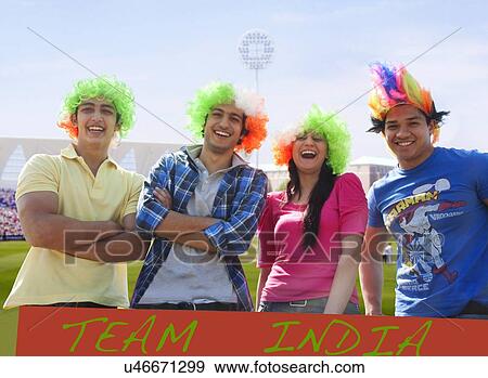 Stock Photo - Portrait of friends with wigs . Fotosearch