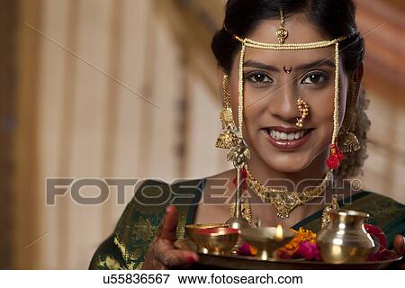 Portrait of Maharashtrian bride ready for offerings View Large Photo Image Stock Photo - Portrait of Maharashtrian bride ready for offerings . Fotosearch