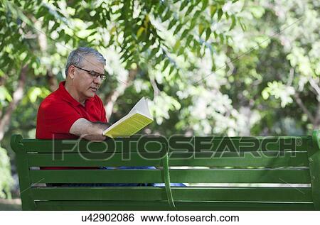 Stock Photograph - Senior man reading a book in a park. Fotosearch