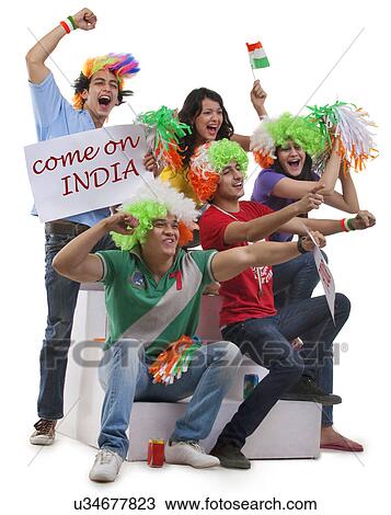 Stock Image - Youngsters with wigs cheering . Fotosearch