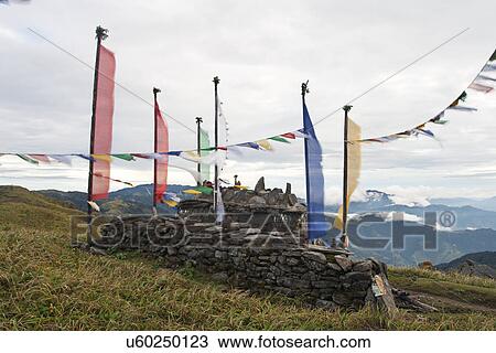 Stock Image - Prayer flags at Phalut . Fotosearch