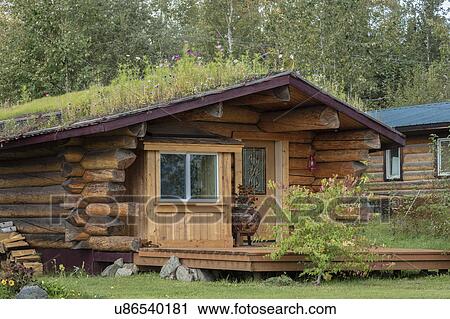 Stock Image - A sod roof log cabin Nenana Alaska south of Fairbanks. Fotosearch