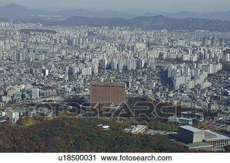 Stock Image - Aerial view of Seoul South Korea Skyline Asia - view from Seoul Tower hilltop. Fotosearch
