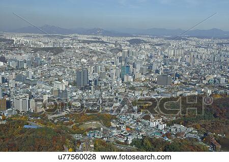 Stock Photo - Aerial view of Seoul South Korea Skyline Asia - view from Seoul Tower hilltop. Fotosearch