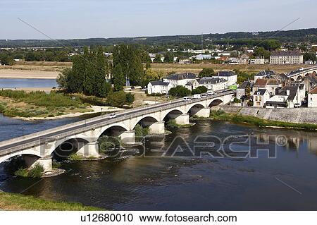 Stock Image - Bridge over the Loire River, River, - Europe, France, shot from Amboise, Amboise Castle, Chateau d' Amboise, Castle. Fotosearch