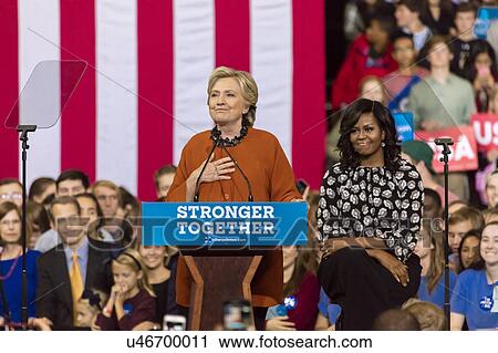 Stock Image - Hillary Clinton and US First Lady Michelle Obama appear at a presidential campaign event in North Carolina. Fotosearch