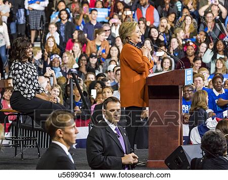 Stock Image - Hillary Clinton and US First Lady Michelle Obama appear at a presidential campaign event in North Carolina. Fotosearch