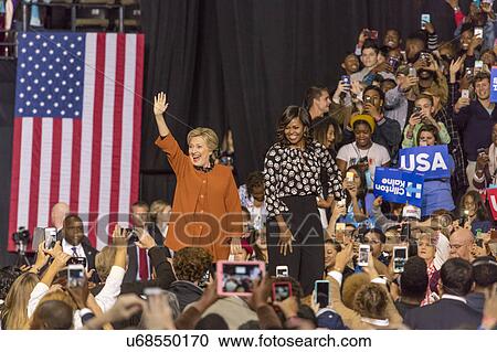 Stock Image - Hillary Clinton and US First Lady Michelle Obama appear at a presidential campaign event in North Carolina. Fotosearch