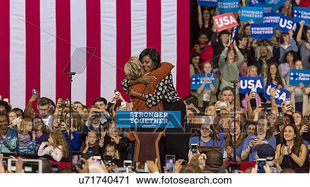 Stock Image - Hillary Clinton and US First Lady Michelle Obama appear at a presidential campaign event in North Carolina. Fotosearch
