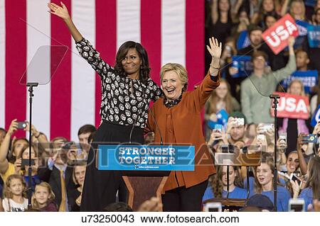 Stock Image - Hillary Clinton and US First Lady Michelle Obama appear at a presidential campaign event in North Carolina. Fotosearch