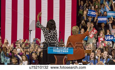 Stock Image - Hillary Clinton and US First Lady Michelle Obama appear at a presidential campaign event in North Carolina. Fotosearch
