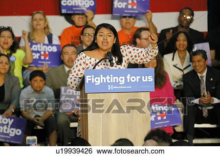 Stock Photograph - Hispanic Dreamer Girls introduces Hillary Clinton Campaigns for President at East Los Angeles College Cinco de Mayo, 2016. Fotosearch