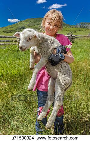 Picture - Little girl holds sheep on Hastings Mesa near Ridgway, Colorado from truck. Fotosearch