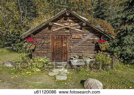 Stock Photograph - Log Cabin Kantishna, Alaska, Mnt. Denali National Park. Fotosearch