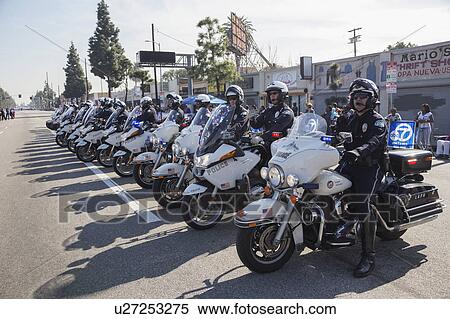 Stock Photography - Los Angeles, California, USA, January 19, 2015, 30th annual Martin Luther King Jr. Kingdom Day Parade, motorcyle policemen in line. Fotosearch