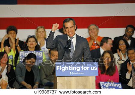 Stock Photo - Los Angeles Mayor Eric Garcetti introduces Hillary Clinton at East Los Angeles College Cinco de Mayo, 2016. Fotosearch