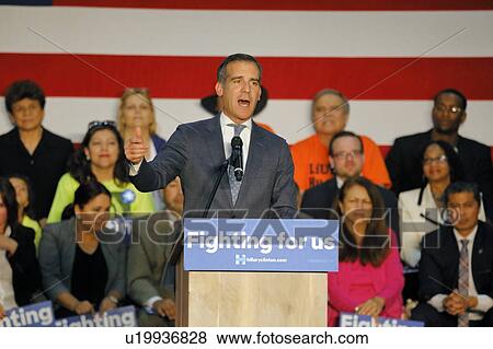 Stock Photo - Los Angeles Mayor Eric Garcetti introduces Hillary Clinton at East Los Angeles College Cinco de Mayo, 2016. Fotosearch