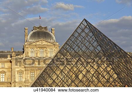 Picture - Louvre Museum, The Great Pyramid at sunset, Paris France. Fotosearch