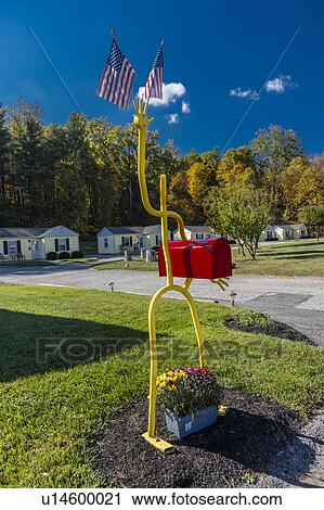 Stock Image - Mail box with US Flag, near Milford, CT. Fotosearch