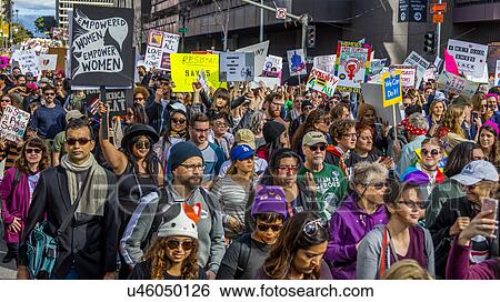 Stock Photograph - Massive Crowds for Women's March Protesting Donald J. Trump. Fotosearch