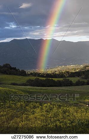 Stock Photograph - Oak View, California, USA, March 1, 2015, full rainbow over rain storm in Ojai Valley. Fotosearch