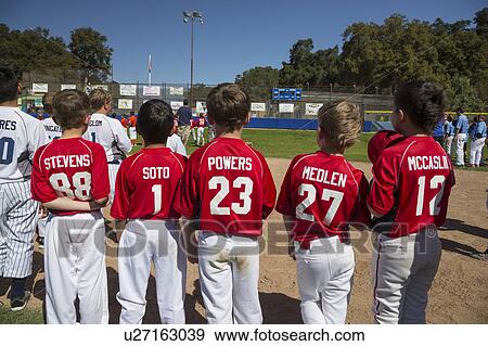 Oak View, California, USA, March 7, 2015, Ojai Valley Little League Field, youth Baseball, Spring, players uniforms show their names View Large Photo Image Stock Photo - Oak View, California, USA, March 7, 2015, Ojai Valley Little League Field, youth Baseball, Spring, players uniforms show their names. Fotosearch
