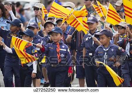 Stock Image - Orange County, City of Westminster, Southern California, USA, February 21, 2015, Little Saigon, Vitenamese-American Community, TET Parade celebrates Tet Lunar New Year, Cub Scouts. Fotosearch