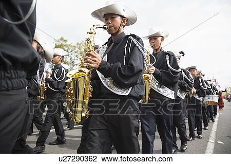 Stock Image - Orange County, City of Westminster, Southern California, USA, February 21, 2015, Little Saigon, Vitenamese-American Community, TET Parade celebrates Tet Lunar New Year, marching band. Fotosearch