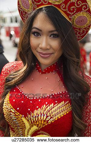 Stock Photography - Orange County, City of Westminster, Southern California, USA, February 21, 2015, Little Saigon, Vitenamese-American Community, TET Parade celebrates Tet Lunar New Year, beautiful Asian woman. Fotosearch