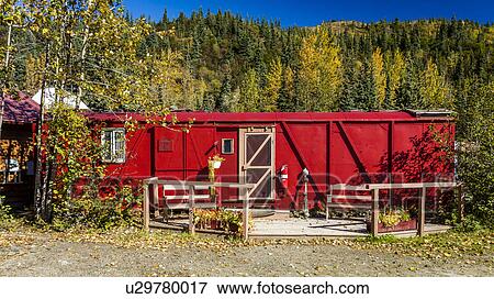 Stock Photo - Red Railroad Car-house, Kantishna, Alaska, Mnt. Denali National Park. Fotosearch