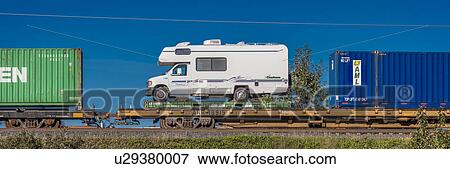 Stock Photo - RV on train being shipped back from Alaska to Lower 48, Anchorage Alaska. Fotosearch