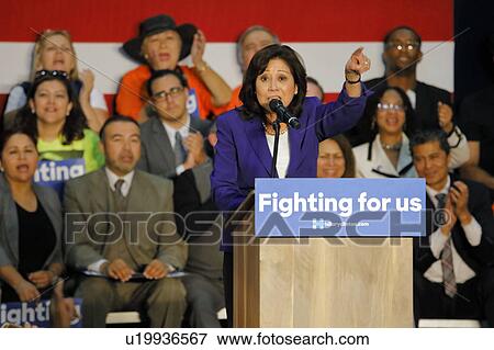 Stock Photo - Supervisor Hilda Solis introduces Former Secretary Hillary Clinton Campaigns for President at East Los Angeles College Cinco de Mayo, 2016. Fotosearch