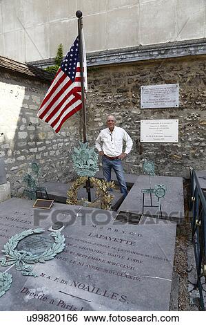 Stock Photograph - Tombstone of General Marquis Lafayette and his wife, Picpus Historical Cemetery, Paris, France. Fotosearch