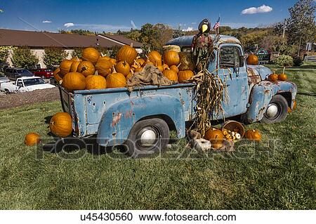 Stock Image - Vintage Pickup Truck with Halloween Display at Milford, CT. Fotosearch