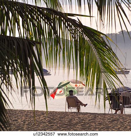 Stock Photo - Person sitting under an umbrella on a beach. Fotosearch