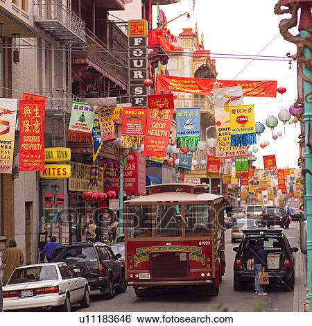 Trolley Car in Chinatown San Francisco View Large Photo Image Stock Photograph - Trolley Car in Chinatown San Francisco. Fotosearch