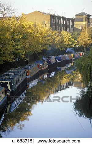 Stock Image - Canal boats in London, England. Fotosearch