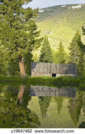 Stock Image - Old barn with reflection of large tree in pond. Fotosearch