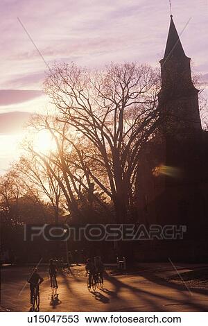 Stock Image - Silhouette of steeple at sunset. Fotosearch