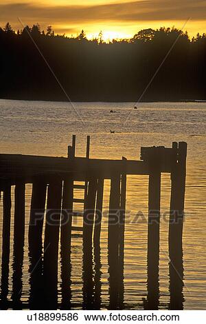 Stock Photograph - Sunrise over dock in Mount Desert Island, ME. Fotosearch
