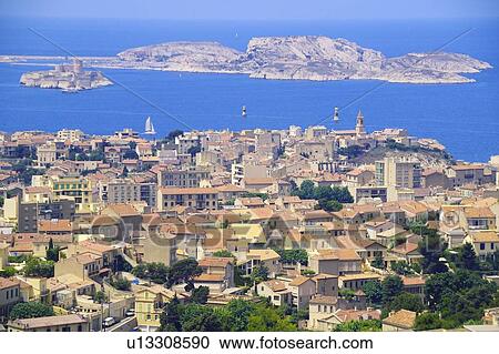 Aerial view of one of the Frioul islands, the Chateau d'If and the town of Marseilles View Large Photo Image Stock Image - Aerial view of one of the Frioul islands, the Chateau d'If and the town of Marseilles. Fotosearch