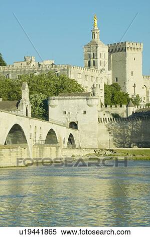 Stock Photography - Le Pont St. Benezet and Palace of the Popes and Rhone River, Avignon, France. Fotosearch