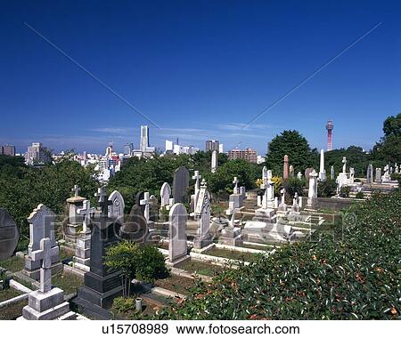 Stock Photo -  a Graveyard and the Gravestones Lined Up Next to Each Other, High Angle View, Yokohama City, Kanagawa Prefecture, Japan. Fotosearch