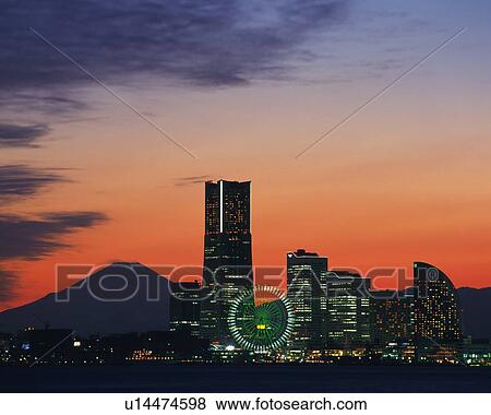 Several Buildings and Skyscrapers By Sunset, the Mt. Fuji Visual In the Background, Front View, Far View, Yokohama City, Kanagawa Prefecture, Japan View Large Photo Image Stock Photo - Several Buildings and Skyscrapers By Sunset, the Mt. Fuji Visual In the Background, Front View, Far View, Yokohama City, Kanagawa Prefecture, Japan. Fotosearch