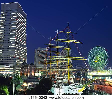 the Nihonmaru Ship, the Ferris Wheel and the Landmark Tower Illuminated By Night, Yokohama City, Kanagawa Prefecture, Japan View Large Photo Image Stock Image - the Nihonmaru Ship, the Ferris Wheel and the Landmark Tower Illuminated By Night, Yokohama City, Kanagawa Prefecture, Japan. Fotosearch
