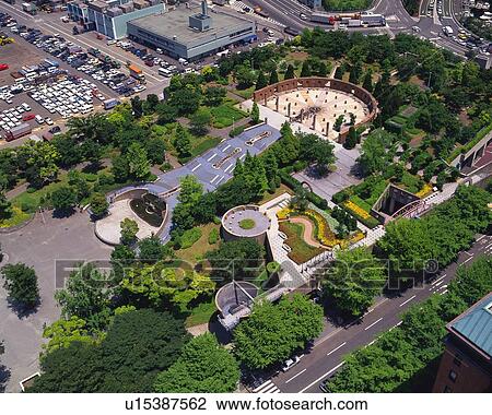 Stock Image -  the Yamashita Park, Surrounded By Several Trees, High Angle View, Far View, Yokohama City, Kanagawa Prefecture, Japan. Fotosearch